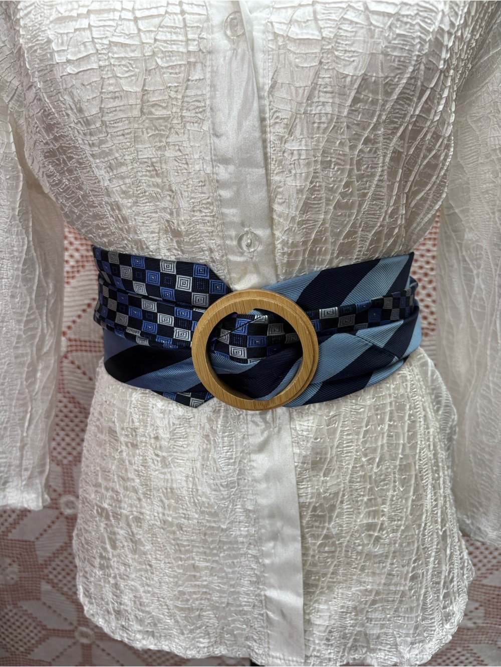 OOAK Upcycled Necktie Corset Wrap Belt Blue Black